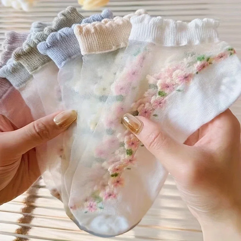 

1/7pcs Floral Crystal Glass Silk Boat Socks Women Ultrathin Lace Lastic Sock Summer Cute Transparent Breathable Girl Short Socks