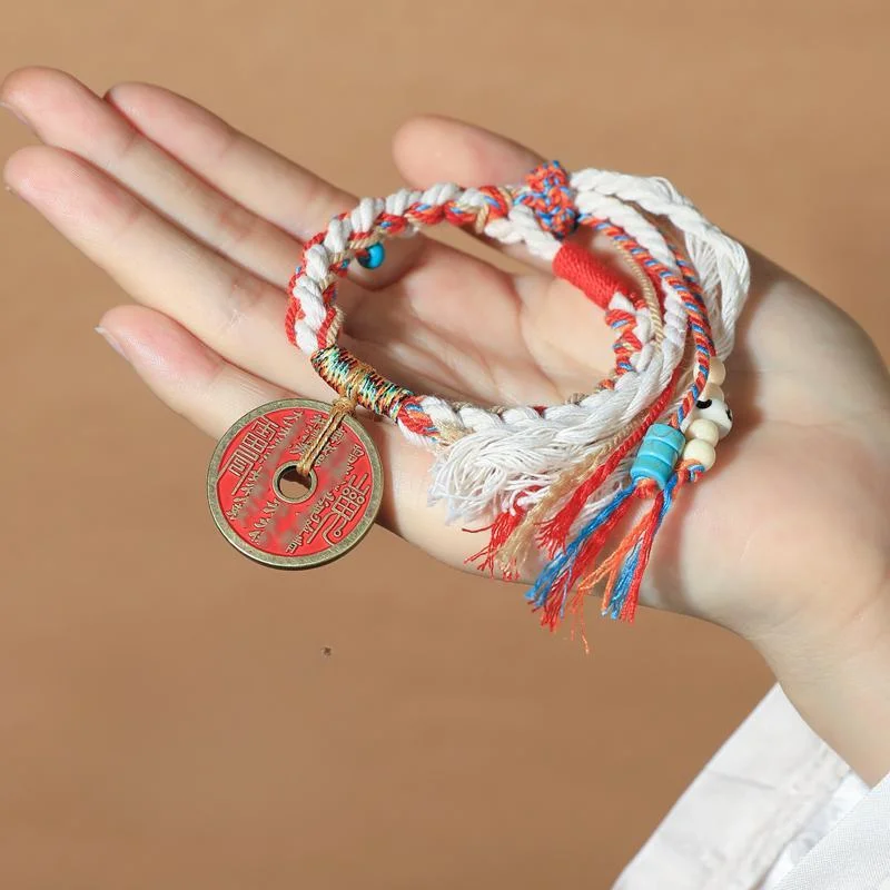 

Putuo Mountain Ghost Spending Cinnabar Bracelet Chinese Tibetan Style Handmade Woven Hand Rope White Red Color Charms HandString