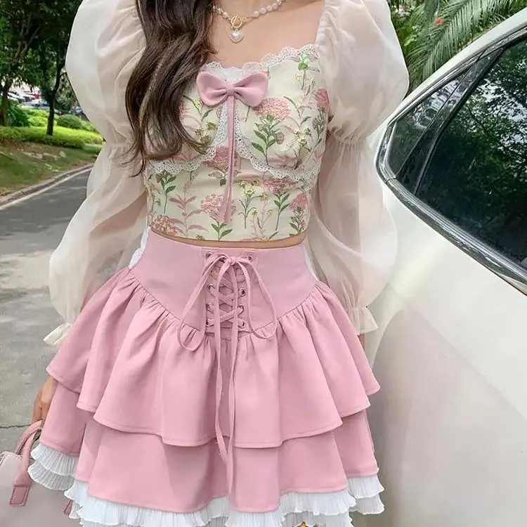 

Set Mini Dress Kawaii Lolita Corset Blouse + Short Skirts 2024 Women Elegant Vintage Summer Party Fashion Suits 2 Piece Sundress