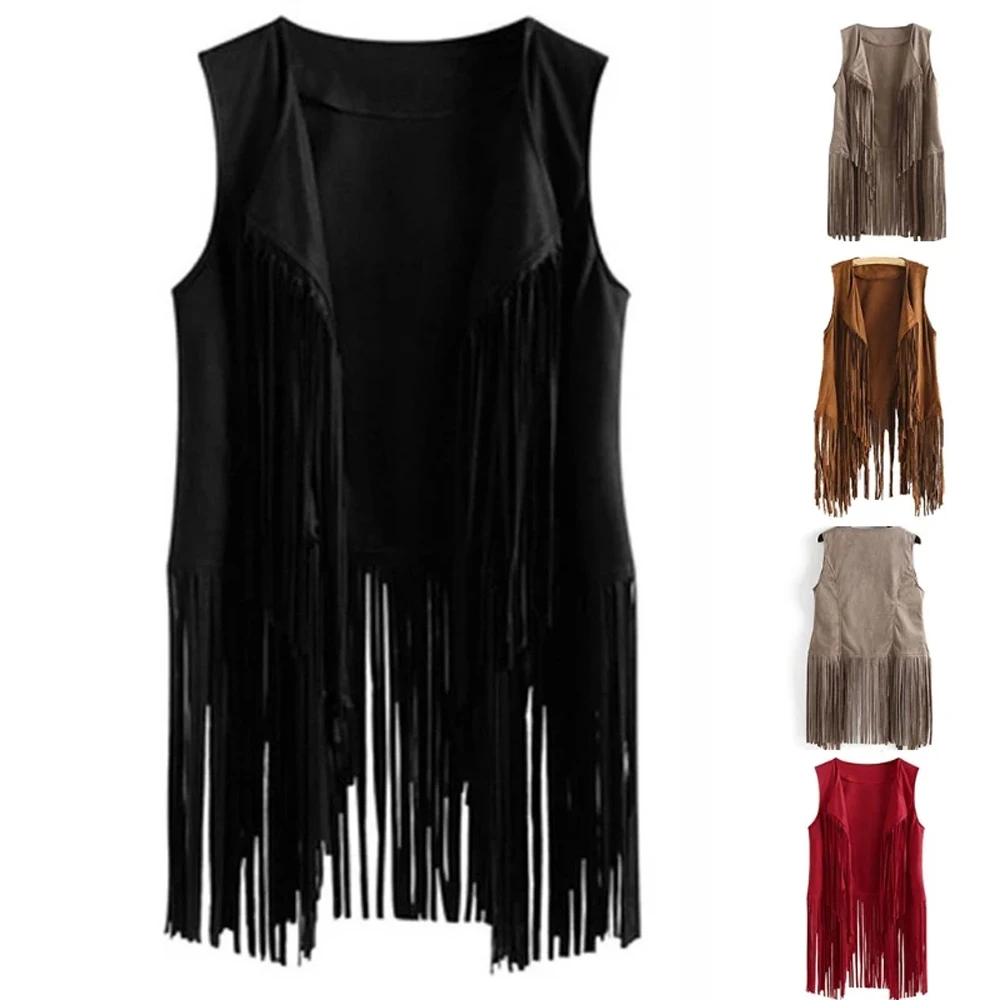 New Women Faux Suede Ethnic Sleeveless Jacket Long Fringe Tassels 70s Hippie Open Front Cardigan Vintage Waistcoat Vest Top