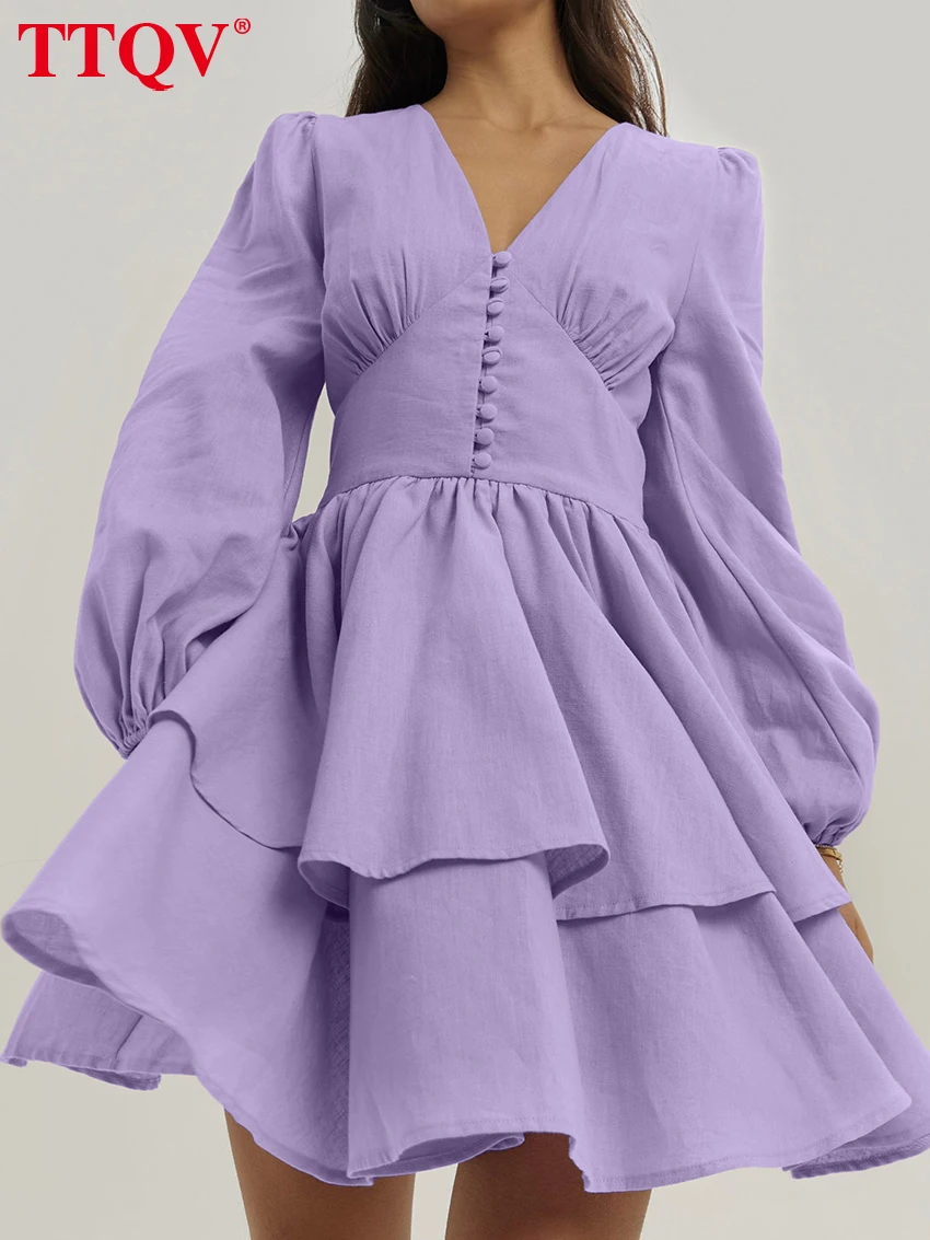 

TTQV Fashion Loose Purple Cotton Women's Dress 2026 Spring V-Neck Long Sleeve Mini Dresses Elegant Classic Pleated Female Dress