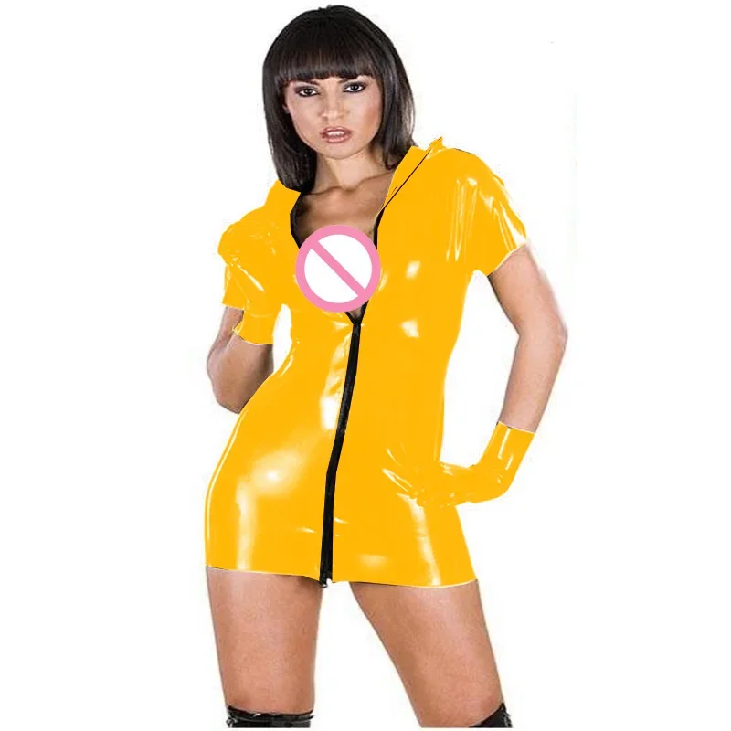 ชุดเดรสทรงดินสอทำจากพีวีซีมันวาวสุดเซ็กซี่ชุดเดรสแบบมีซิปด้านหน้าพร้อมถุงมือชุดเดรสเข้ารูปคอเข้ารูปสำหรับงานปาร์ตี้กลางคืน