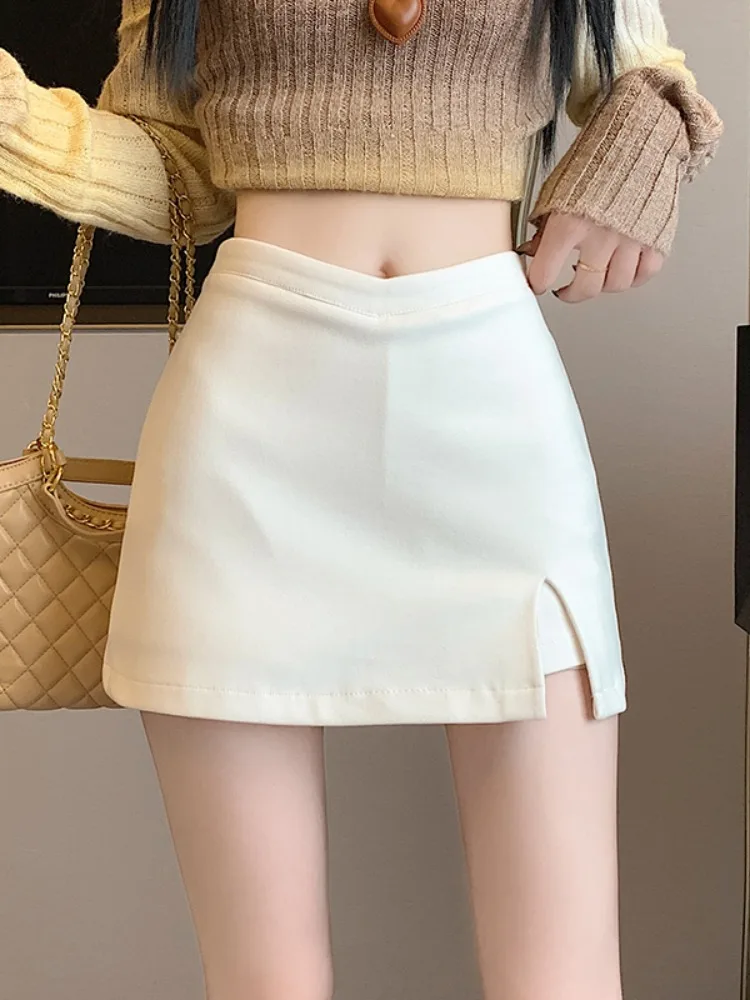 

Irregular side split woolen skirt women's autumn and winter new V-shaped high waisted solid color A-line shorts skirt