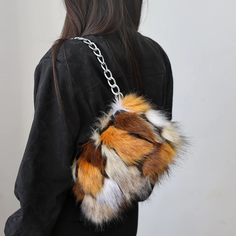Luxury Leopard Design Plush Underarm Bag for Women Winter Faux Furry Chain Shoulder Bags Female Soft Furry Party Purse Handbags