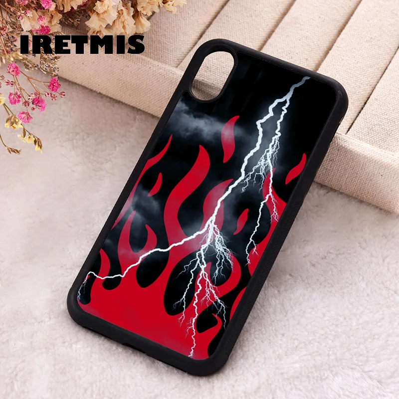 Iretmis Phone Cover Case For iPhone X XS Max XR 11 12 13 PRO MINI 14 15 16 Plus Rubber Silicone Lightning Red Flames