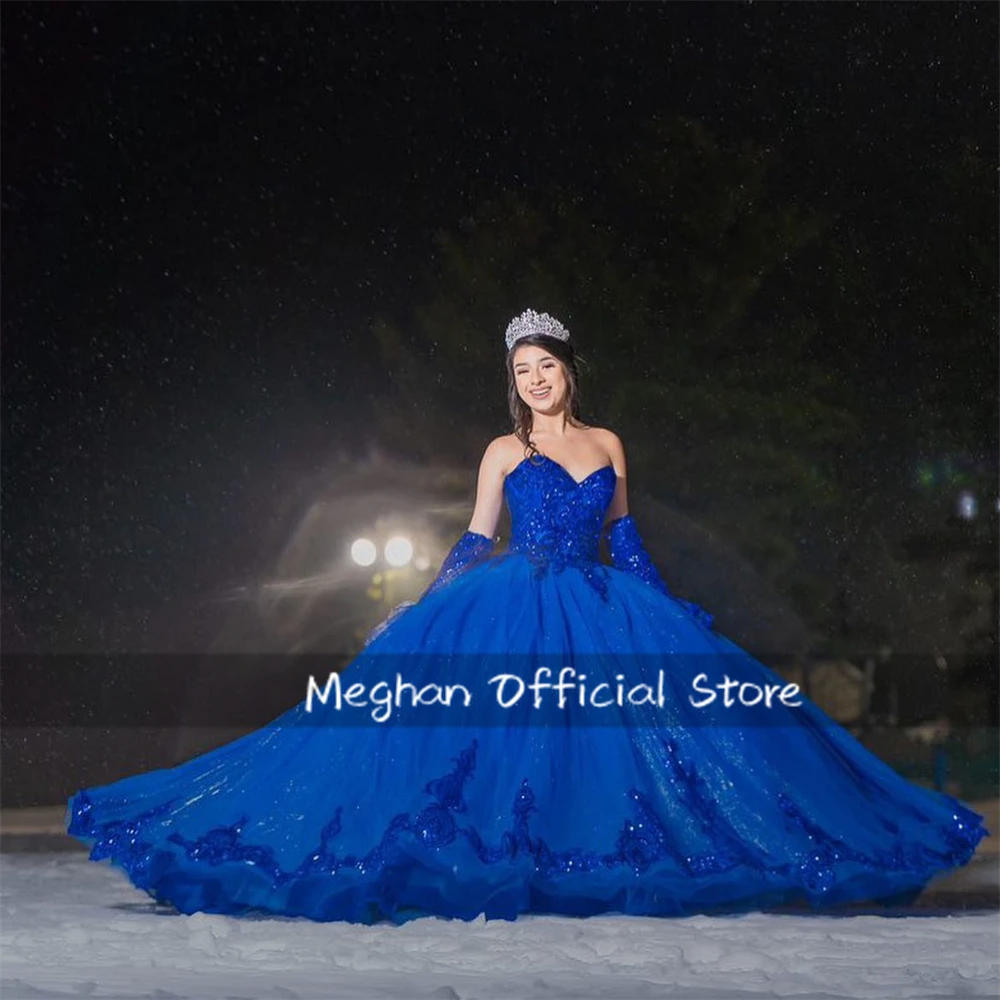 เม็กซิโก ROYAL BLUE Sweetheart Quinceanera Ball Gown ลูกปัดเลื่อมชุดเจ้าหญิงวันเกิดพรรคครึ่งแขนที่กําหนดเอง