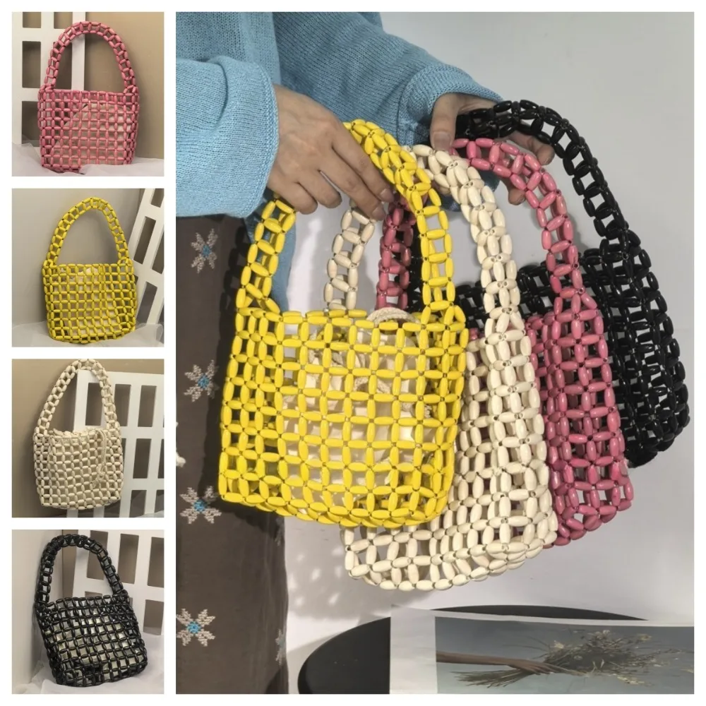 

Casual Handmade Beaded Woven Bag Pure Color Vintage Hollow Out Bag Boho Creative Openwork Bag Vacation Beach