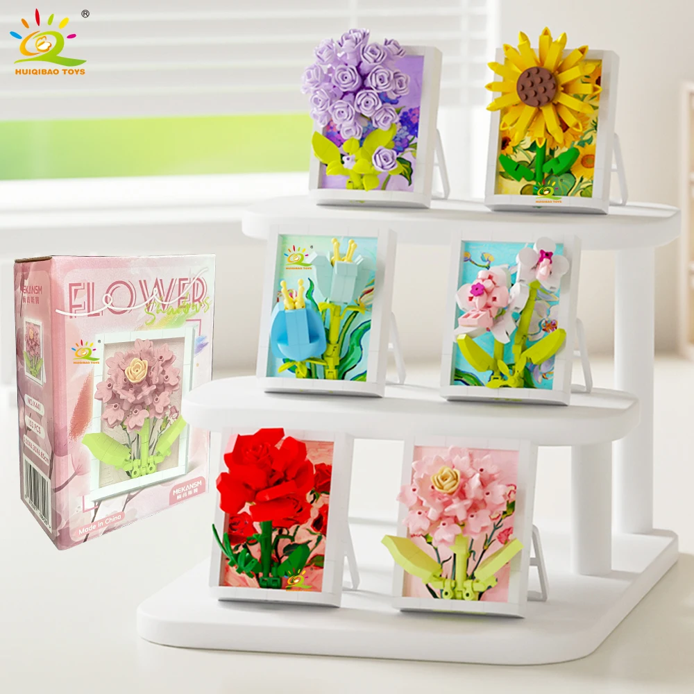 

HUIQIBAO MOC Flower Photo Frame Micro Building Block Sunflower Rose Mini Diamond Model Brick Toy for Children Desk Decor.