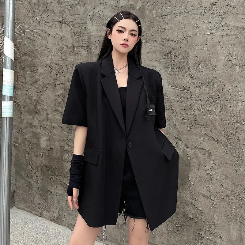 

GIDYQ Y2k Streetwear Short Sleeve Suit Jacket Women Black Gothic Casual Loose Pocket Oversize Blazers Vintage Wide Shoulder Tops