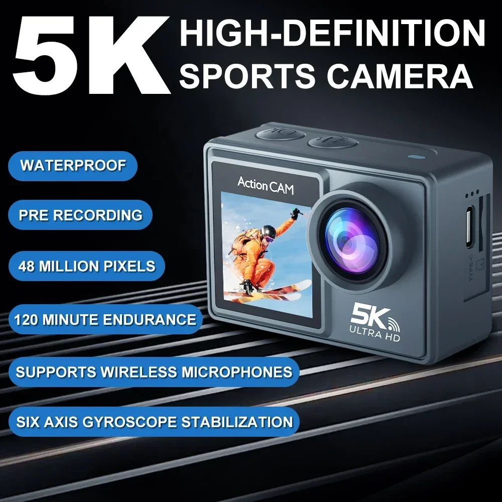 Caméra d'action 5K 4K60FPS double IPS tactile LCD DVR EIS 170 °   Caméra de sport étanche 30M, zoom 5X, avec micro et télécommande sans fil