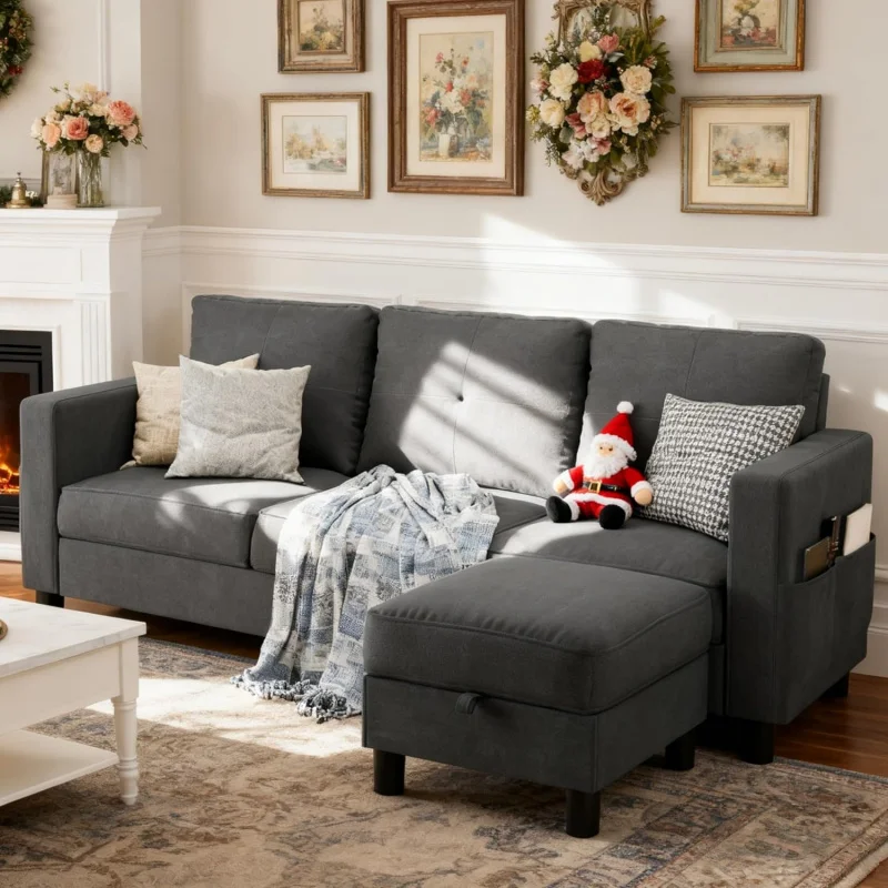 

76" Convertible L-Shaped Sectional Sofa (Black Linen) – 3-Seat, W/Storage Ottoman & Side Pocket, for Apartment Living Room