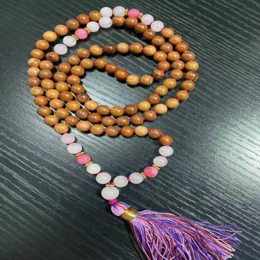 8mm 108 natural rosewood beads pink crystal knot necklace Beads Women Classic Gift Yoga Teenagers Couples Bridal Peace