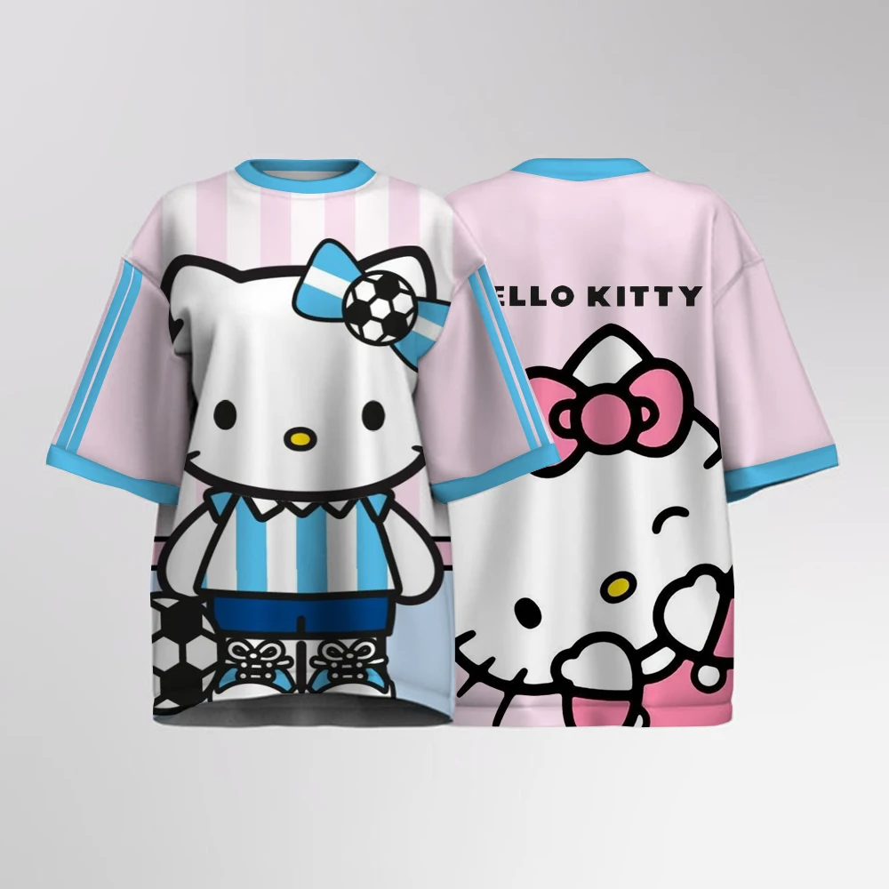 

Hello Kitty print Women's Y2k Cartoon Sports Shirt Large Mesh Digital Pattern T-shirt O-neck Short Sleeve Loose T-shirt Top