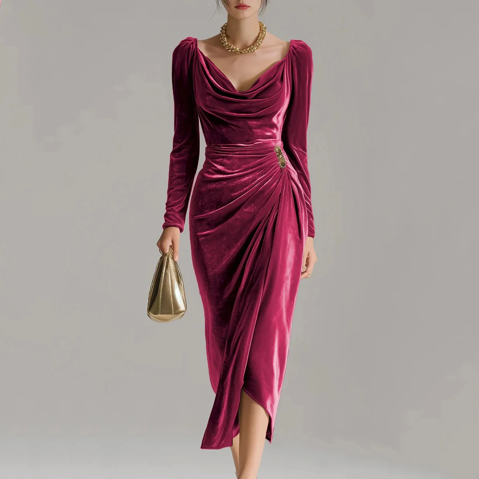 Elegant Velvet Party Dresses for Women Fitted Ruched U Neck Long-sleeved Long Dress Spring Autumn Fashion Women's Evening Gowns