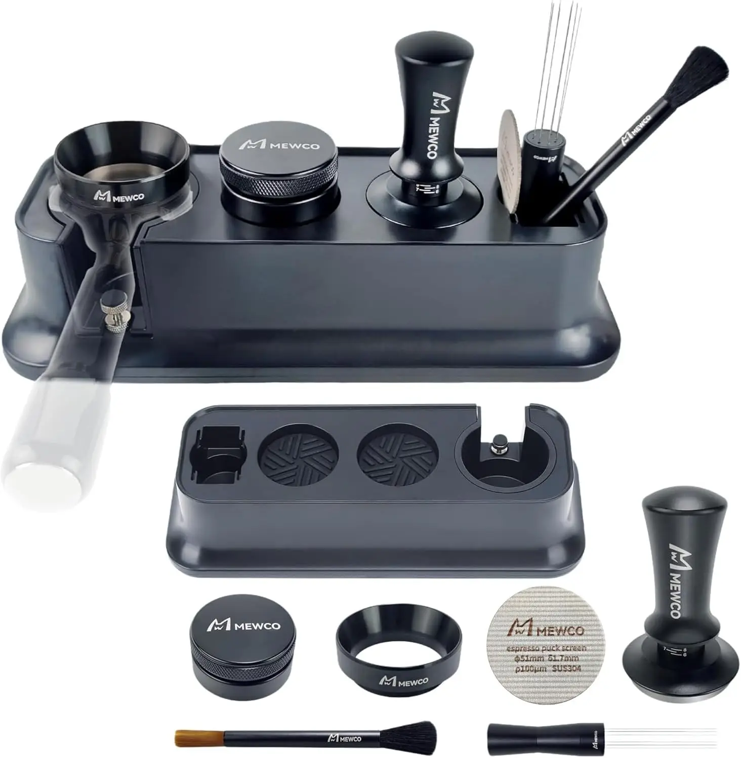 

7-in-1 Espresso Tamper Set with Organizer Box, Distributor, Stirrer, Brush, Funnel & Puck Screen for Home Baristas (51mm)