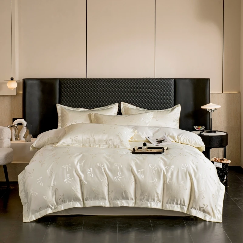3pcs Cream color Duvet Cover Set (1*Duvet Cover + 2*Pillowcase, Without Core), bow jacquard Bedding Set