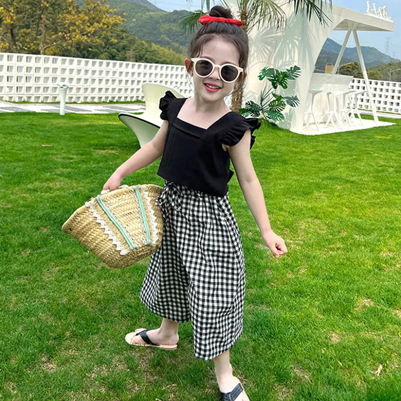 RAISE Summer Children 2PCS Clothes Set Kid Girls Square Collar Backless Top Suit 1-6Y Baby Girl Thin Plaid Straight Pants Outfit
