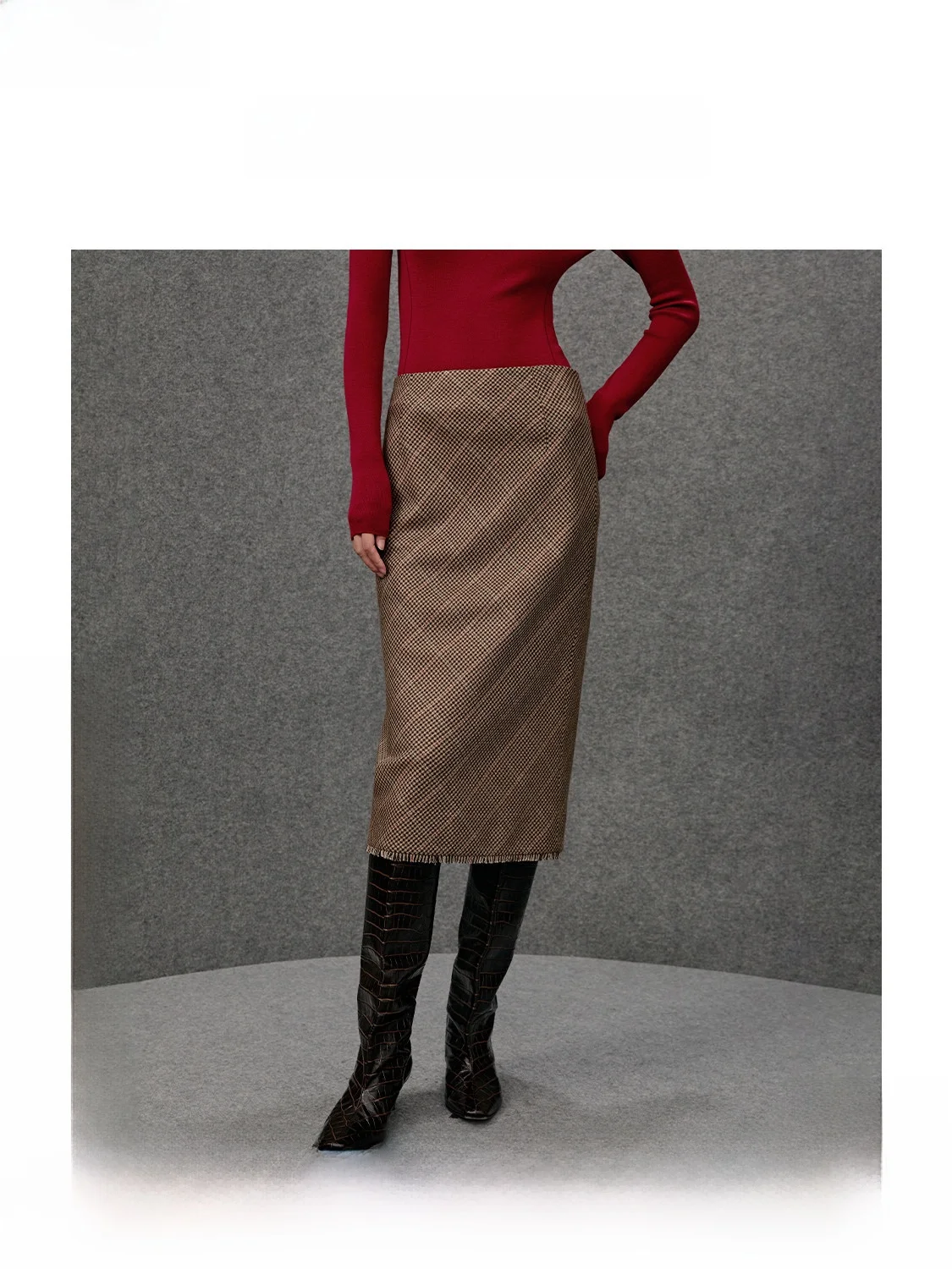 

ZhiZhi Vintage Plaid Straight Leg Skirt Women's Autumn Winter Fashion Casual Style mid Waist Polyester Blend Skirt