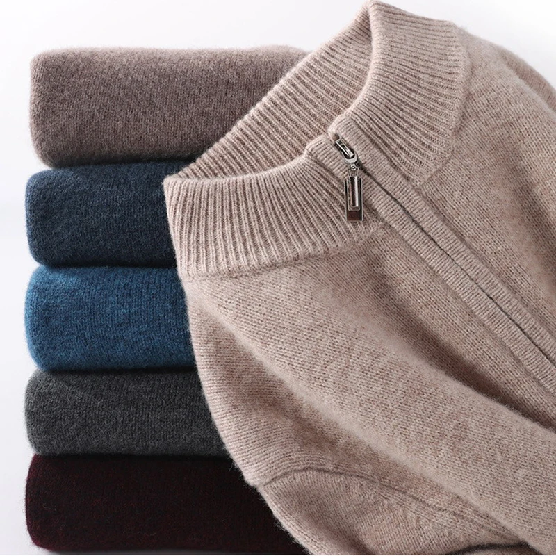 Cashmere Sweater Thicked Fit Men\'s Half Height Zipper Stand Neck Pullover Knitted Coat Winter Wool Sweater Plus Size 4XL