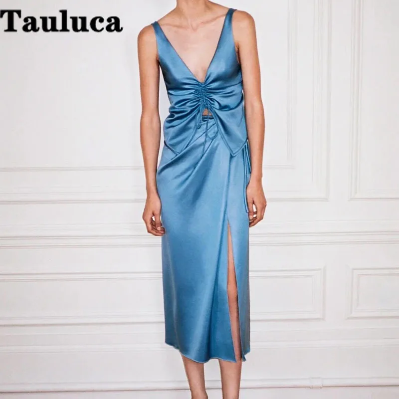 Summer 2023 Nanushka Niche Stunning Women 2 Pieces Set V-neck Vest Drawstring Straps Solid Color Acetate Satin All-match Skirt