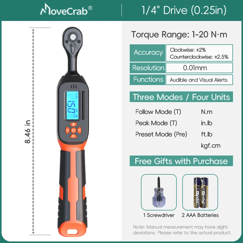 MOVECRAB Serie Digitale Momentsleutel 1,5-340N.m 2% Nauwkeurigheid Voorgeprogrammeerde Waarden met Zoemer, LED-flits & Trillingsmelding op de handgreep