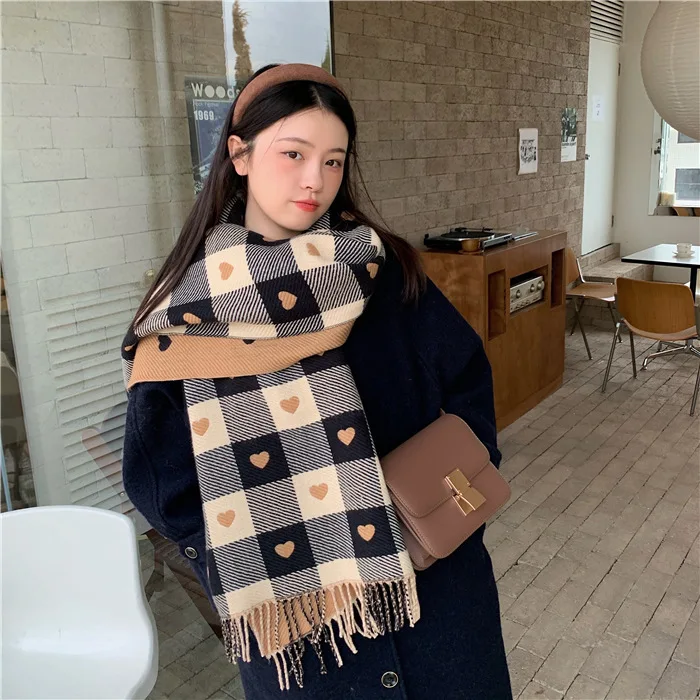 Love Heart Scarf Cashmere Winter Scarf Black White Plaid Scarf Thickened Warm Winter Women's Scarves Christmas New Year Gifts