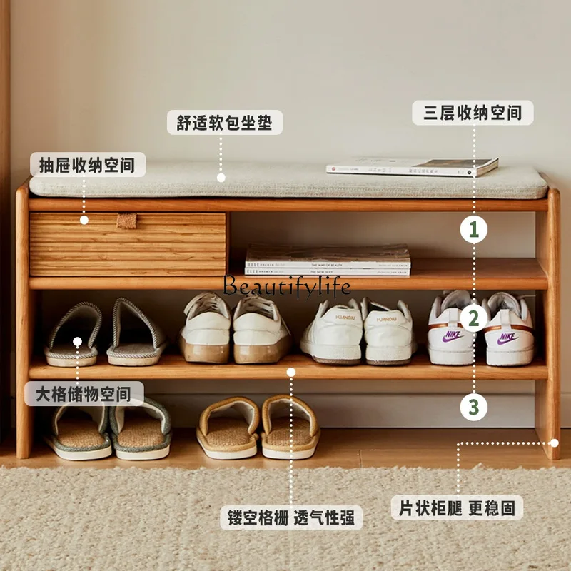 يمكن أن يجلس مقعد تغيير الأحذية من خشب الكرز الشمالي في المنزل، وخزانة أحذية ذات وسادة مقعد وحقيبة ناعمة #3