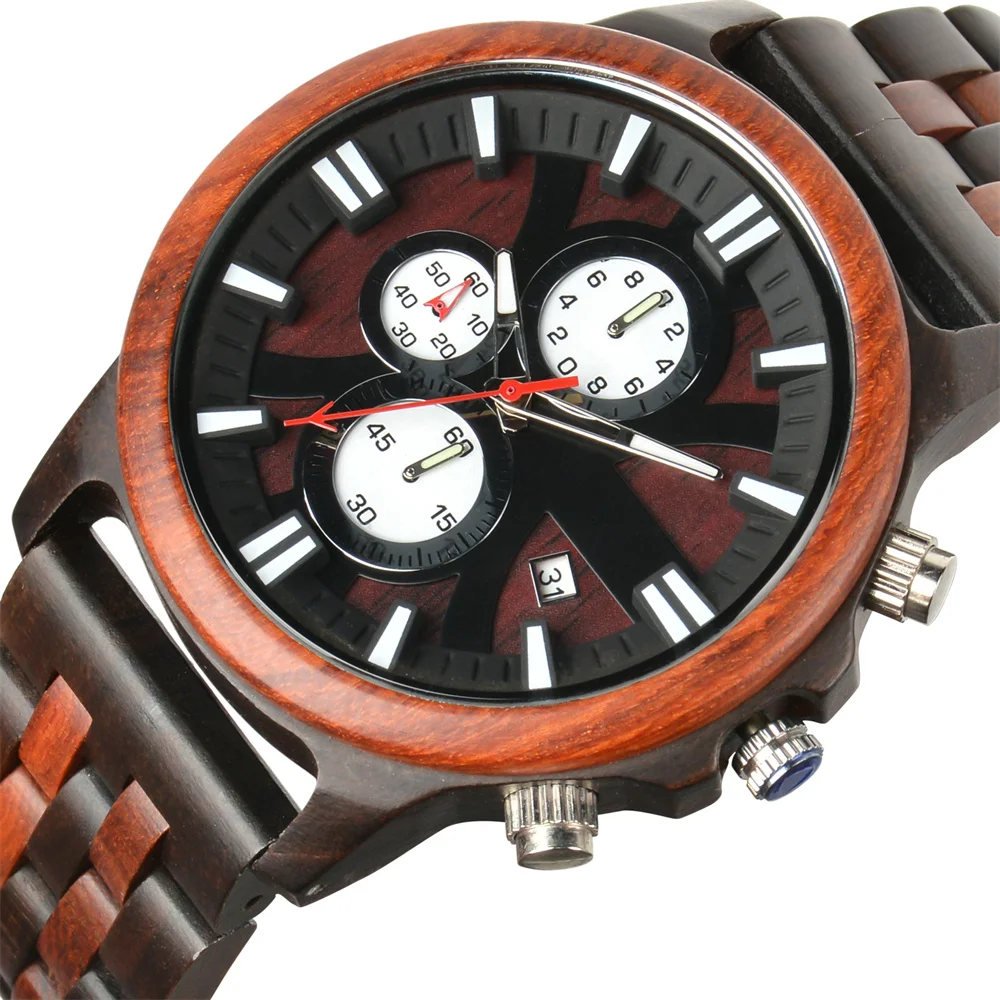 

2026 Wooden Watch Men Multi-function Chronograph Sports Wood Wristwatches Male Clock Date Display Mens Luxury Wood Quartz Watch