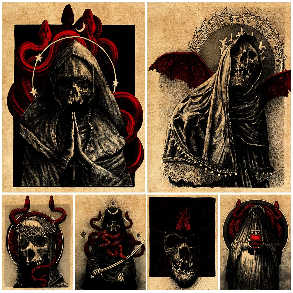 Heidnische Hexen und Skelette Gläubiger Vintage Wandkunst Leinwandgemälde Der Teufel verwandelt sich in rote Schlange Kunst Poster Druck Home Decor