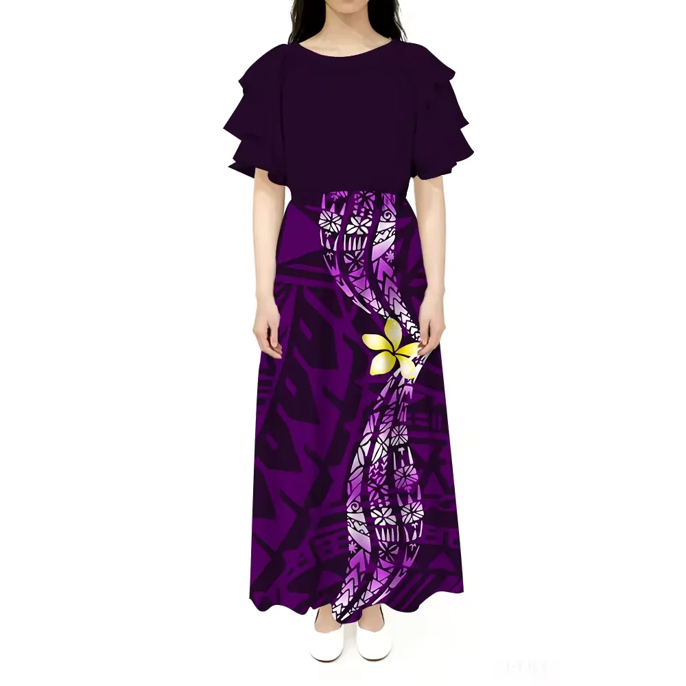 New Arrival Island Dress Customized Women Casual Long Dress Double Layered Frill Short Sleeve Dress Hawaiian Style Print Dress