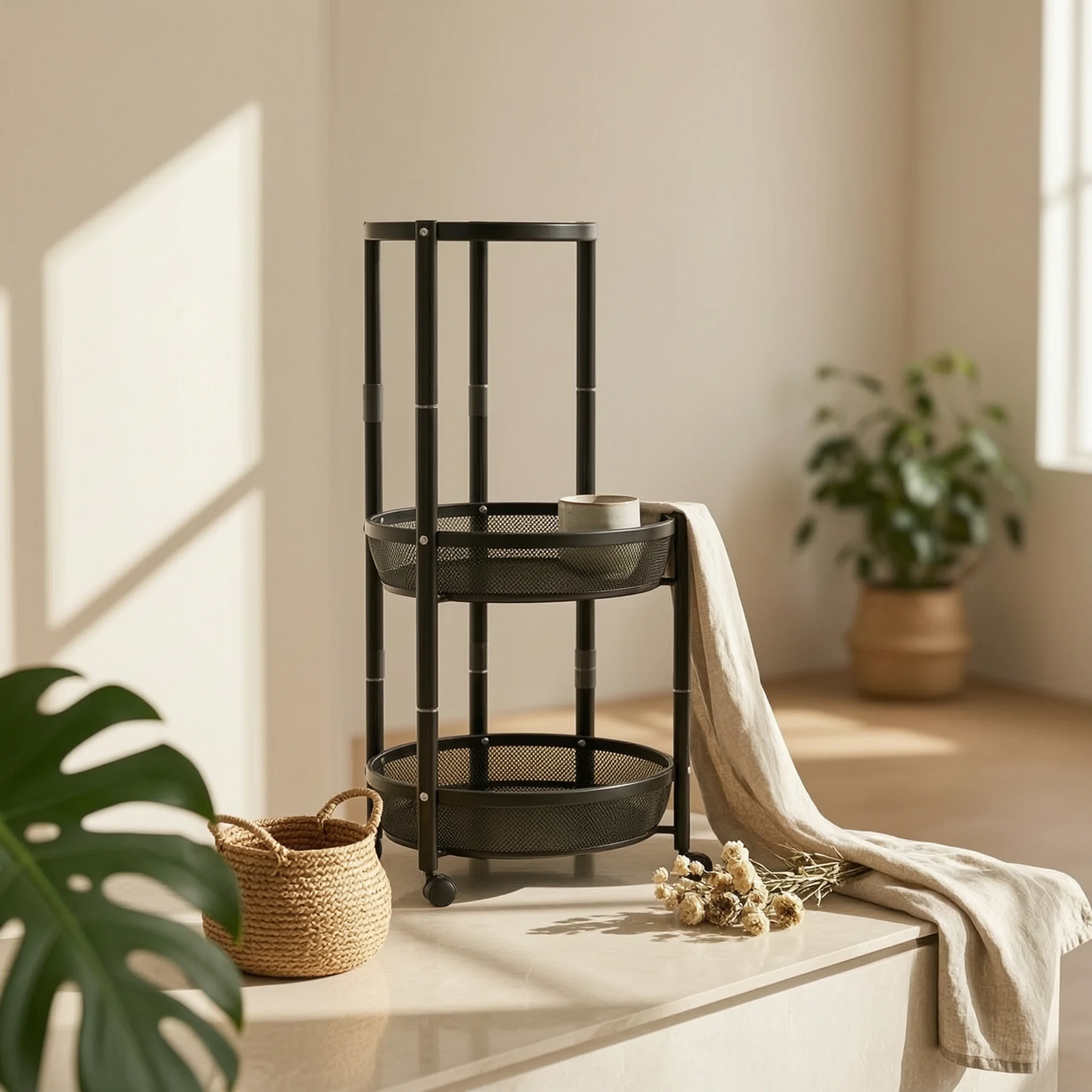 Rolling Cart with Table Top Mobile 3-Tier Storage Trolley Storage Cart with Wheels Space-Saving Furniture Portable for Kitchen