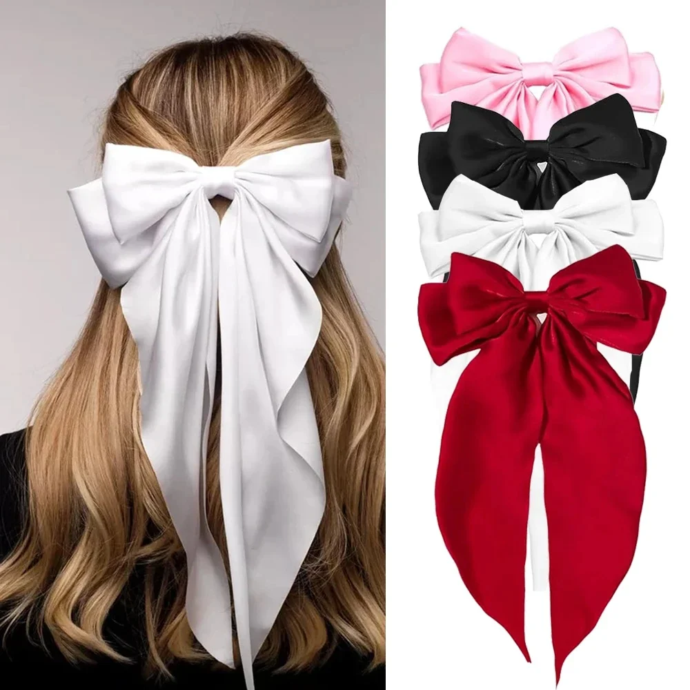 

Korean Fashion Cute Accessories Hair Clips for Women Girls Big Bow knot Solid Satin Long Ribbon Bows Spring Clamp Hair Clips