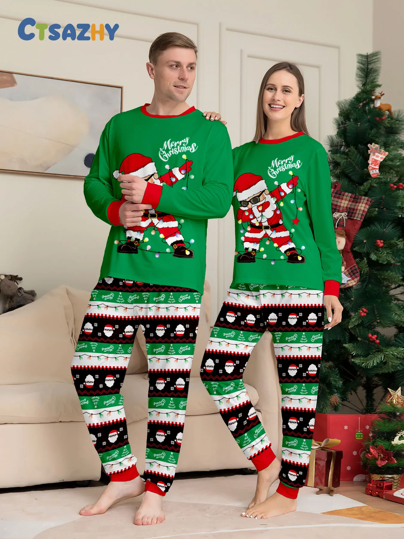 

Christmas Couple Pajamas Set: Green Santa - Printed Tops with 'Merry Christmas' & Festive Patterned Pants
