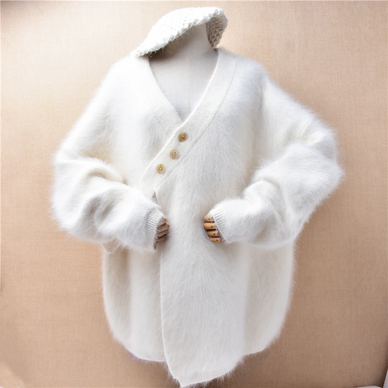 

529 Mujer Autumn Winter Clothing Hairy Mink Fur V-Neck Angora Rabbit Hair Knitted Loose Cardigans Sweater Jacket Coat Pull Top