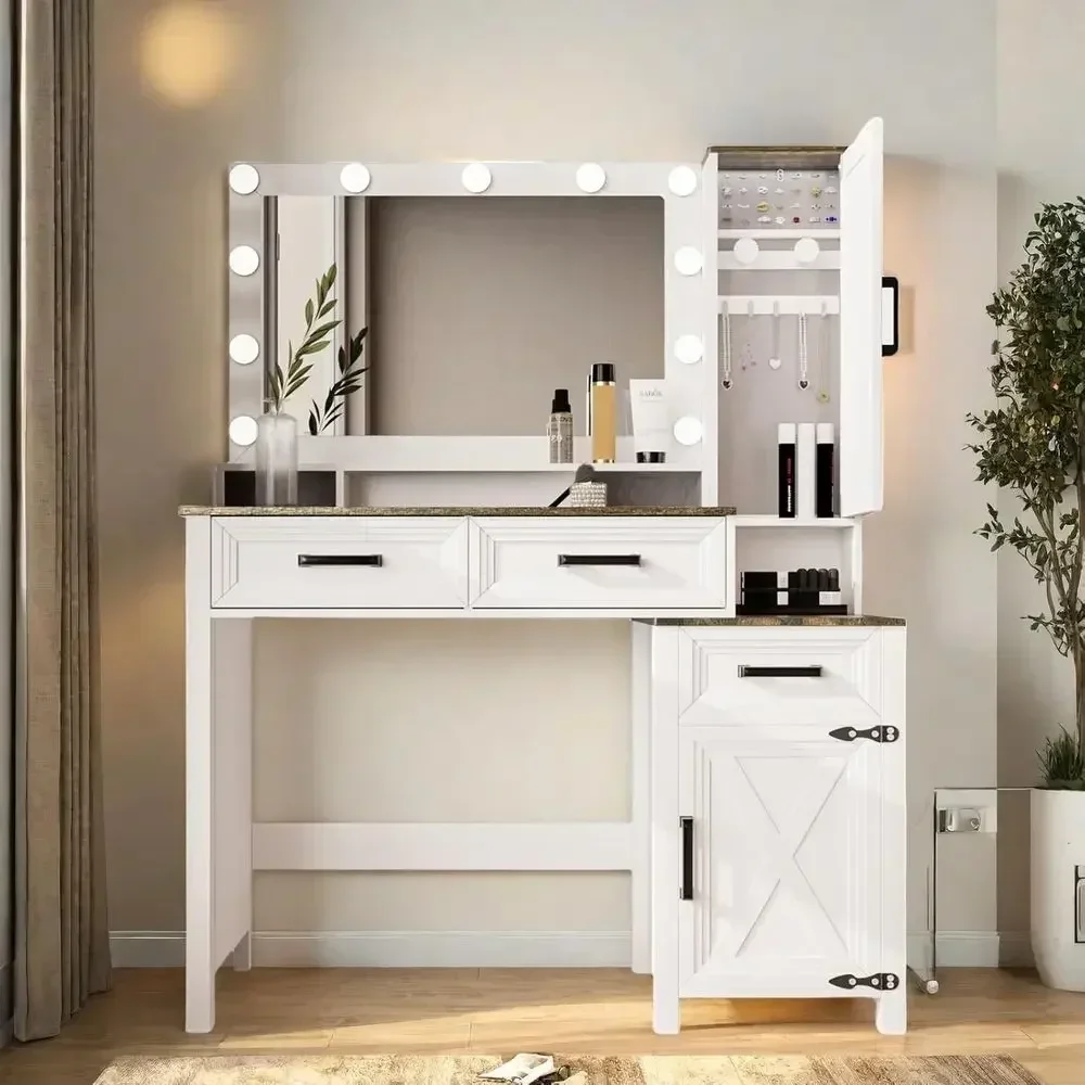 43 Modern Makeup Desk with Square Mirror, Tricolor Lighting, Storage & Charging Station, White
