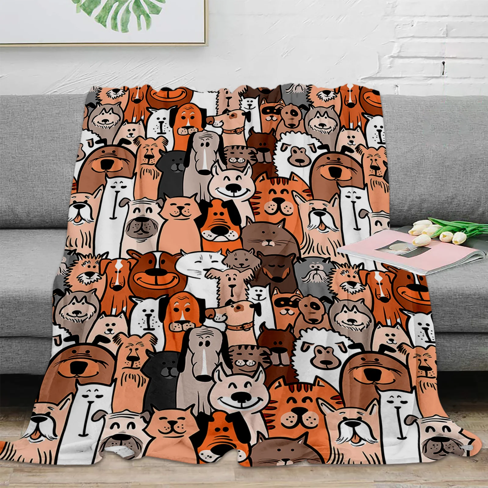 Cartoon Dog Cat Doodle Throw Blanket Warm Plush Blankets Portable Travel Camping Picnic Blanket