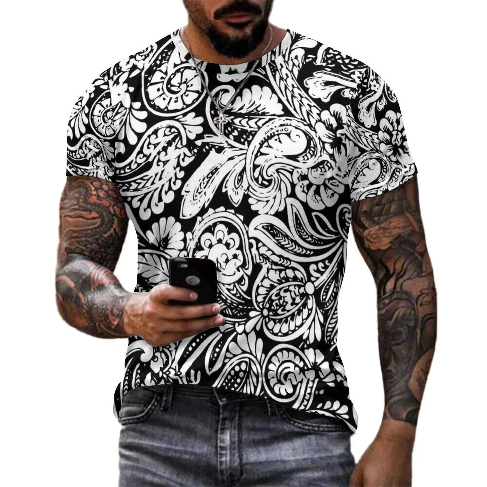 

Oversized T-Shirt Beach Paisley Print T Shirts Black and White Streetwear O Neck Tee Shirt Male Trendy Custom Top Tees