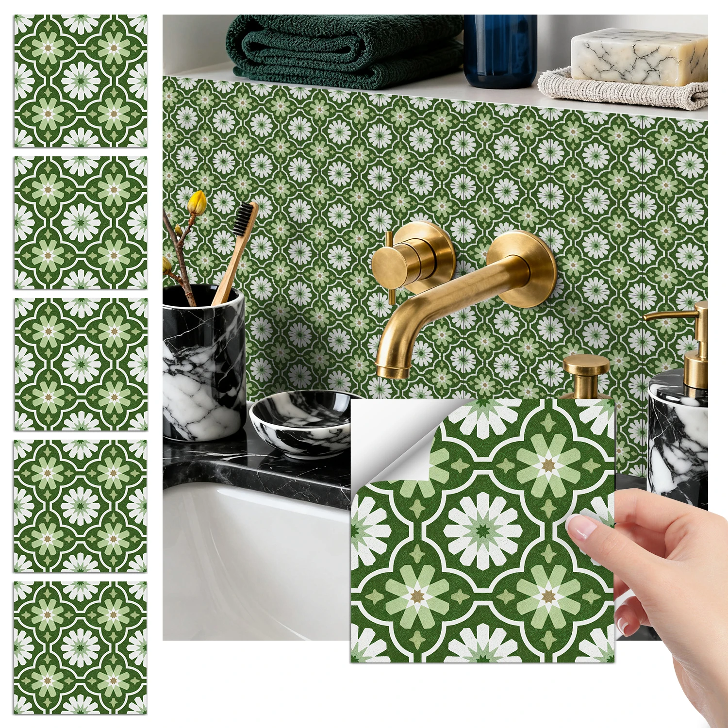 

36 pieces of minimalist floral tile stickers, self-adhesive wall stickers, waterproof kitchen, bathroom and home decoration