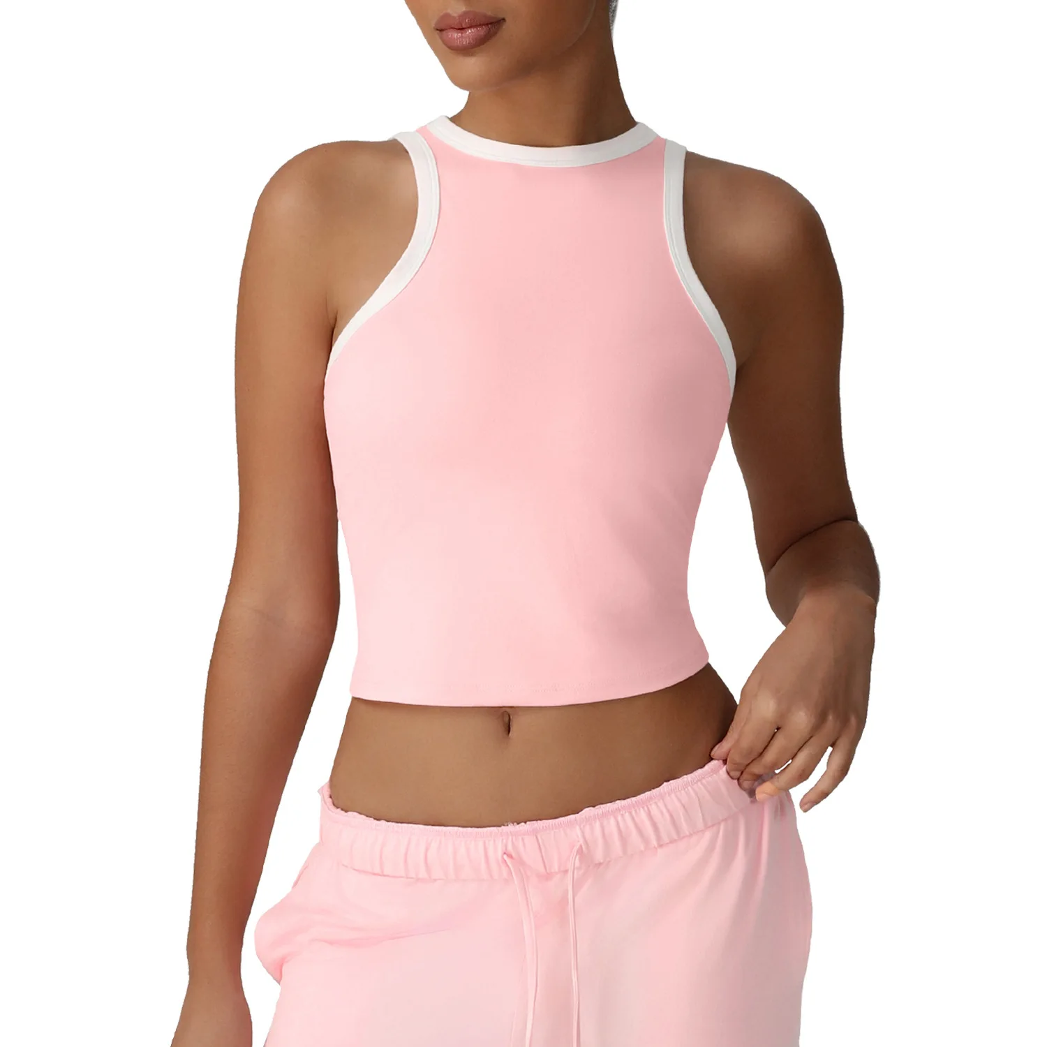 Women Colorblock Yoga Crop Tank Top with Chest Pad Stretch Sports Vest Slim Fit Gym Training Fitness Sleeveless Workout Shirt