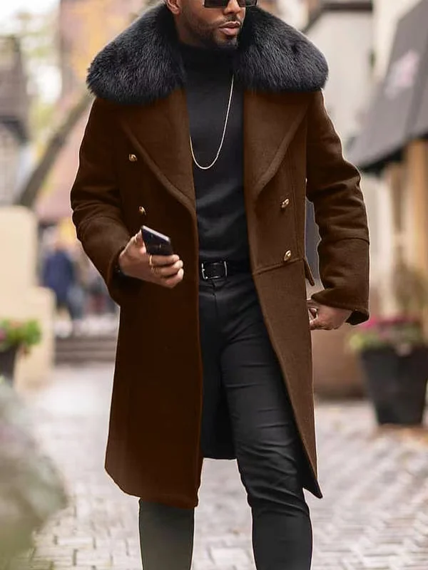 Autumn and winter men's new double breasted knee length coat, fur collar fashionable coat, woolen trench coat