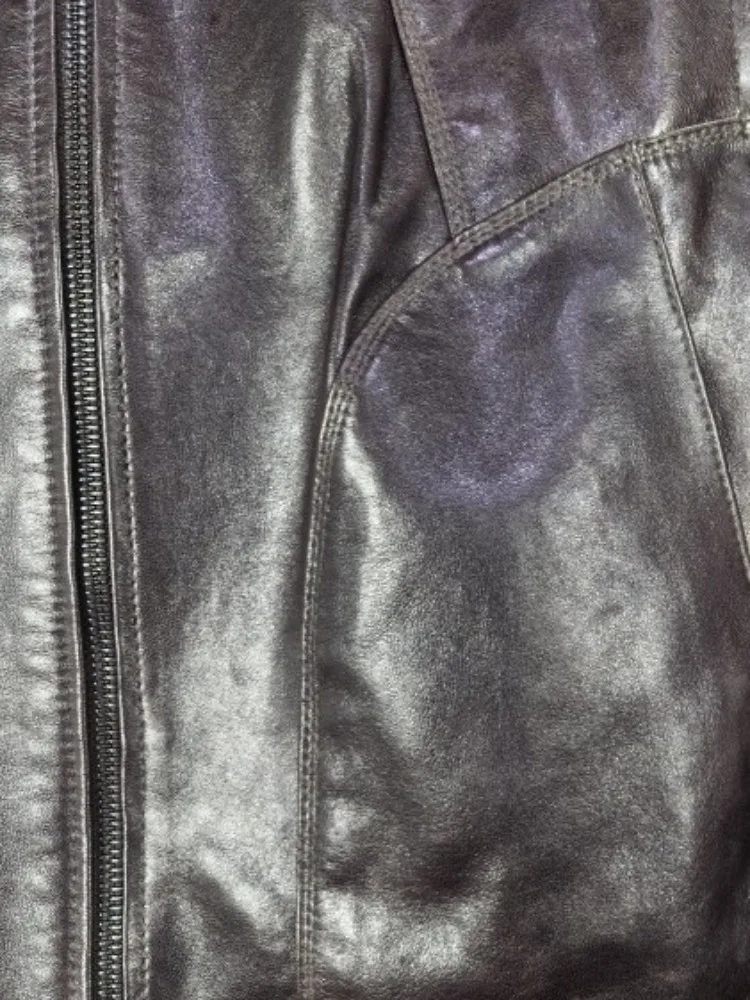 Modna, ręcznie robiona kurtka z zamkiem błyskawicznym, jednolity kolor, skóra naturalna, krótki płaszcz, najwyższa jakość, kołnierz, owcza skóra, długi rękaw, damski płaszcz biurowy.