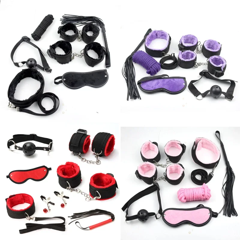 Leopard 7 Pcs set Sexy Lingerie PU Leather BDSM  Bondage Set Hand Cuffs Footcuff Whip Rope Blindfold Erotic  Toys