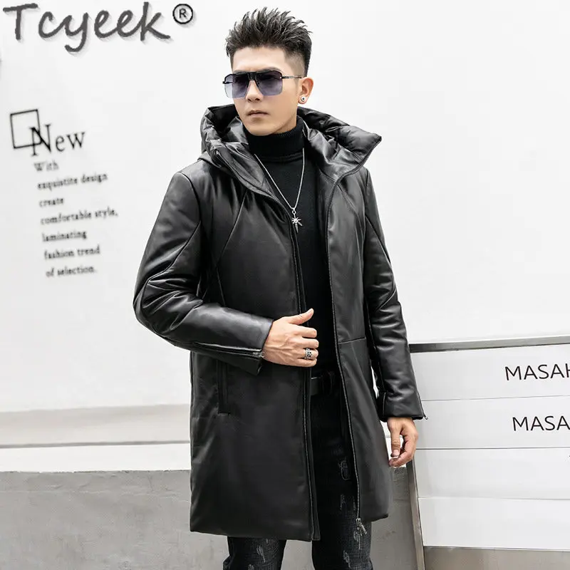 Tcyeek Winter Genuine Leather Down Coat Men Clothing Thicken Casual Sheepskin Coats for Man Mid-length Hooded Puffer Jacket 2023