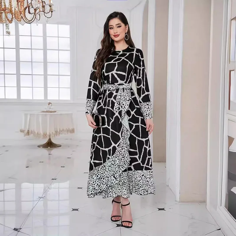 2025 Middle Eastern Arab Women's Leopard Print Ruffle Patchwork Dress