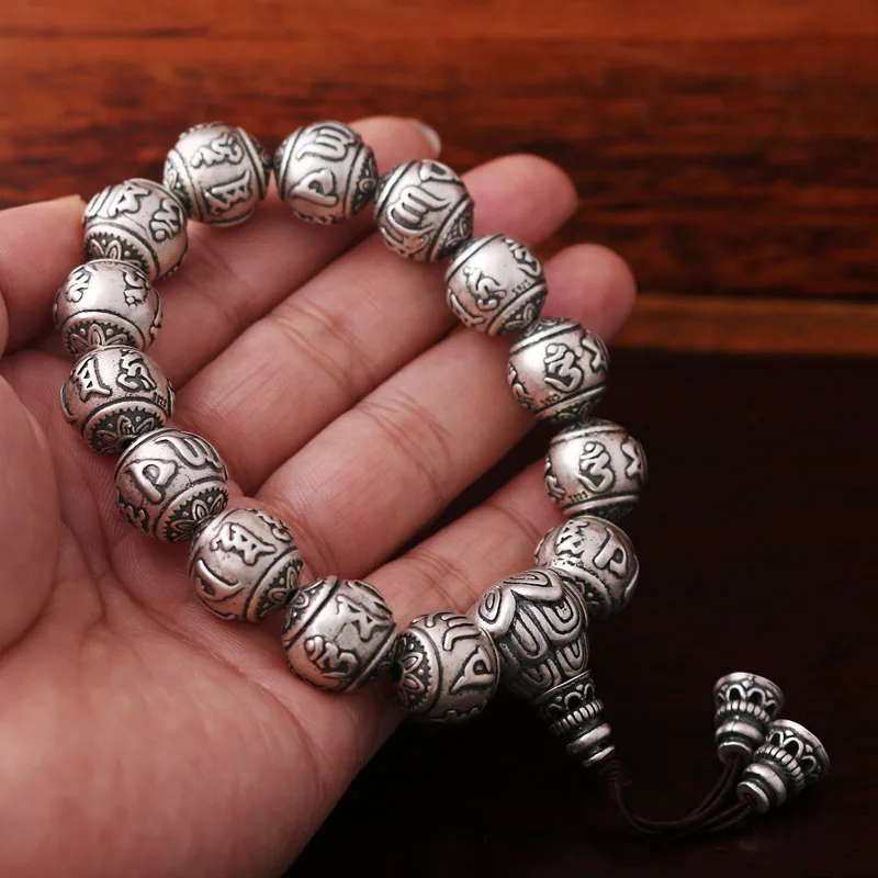 S925 Sterling Silver With Six-Character Mantra Buddhist Prayer Bead Bracelet For Men And Women Travel Commemoration Jewelry