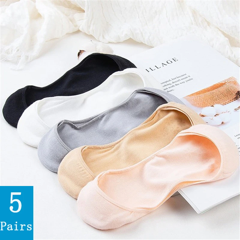 

5 Pairs/Lot Women's Cotton Boat Socks Non-Slip Silicone Grip Low Cut Thin Breathable Socks for High Heels Summer No Show Socks