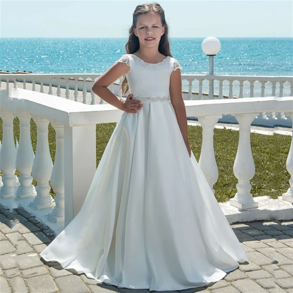 

Elegant White First Communion Dresses Tulle Bow High-waisted Lace Flower Girl Bridesmaid Princess Dress Wedding Party Prom Gowns