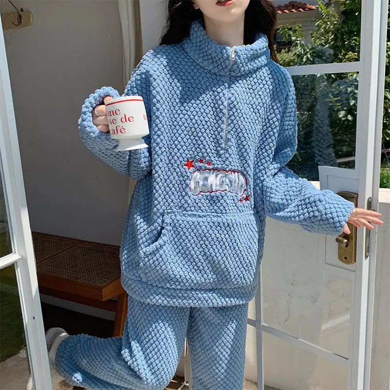 Coral Velvet Pajamas Winter Women Long Sleeve Fleece-lined Thick Loose Homewear Flannel Stand-up Collar Warm Nightclothes Suit