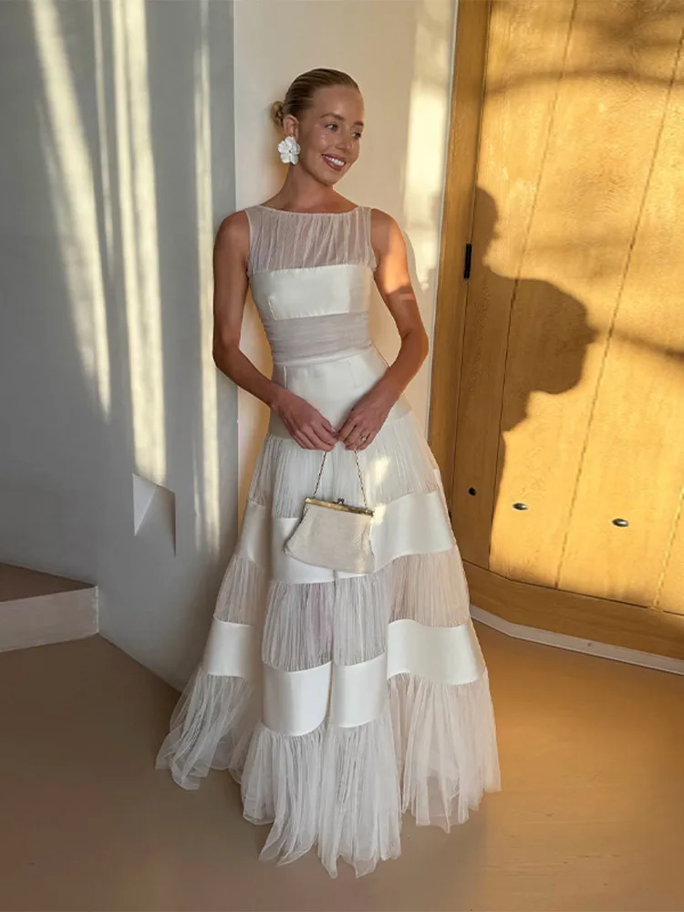 GG 2026 Luxury Satin Mesh Tiered Tulle Maxi Dress Lady Chic White Sleeveless Patchwork Gown Wedding Bridal Formal Dinner Party W