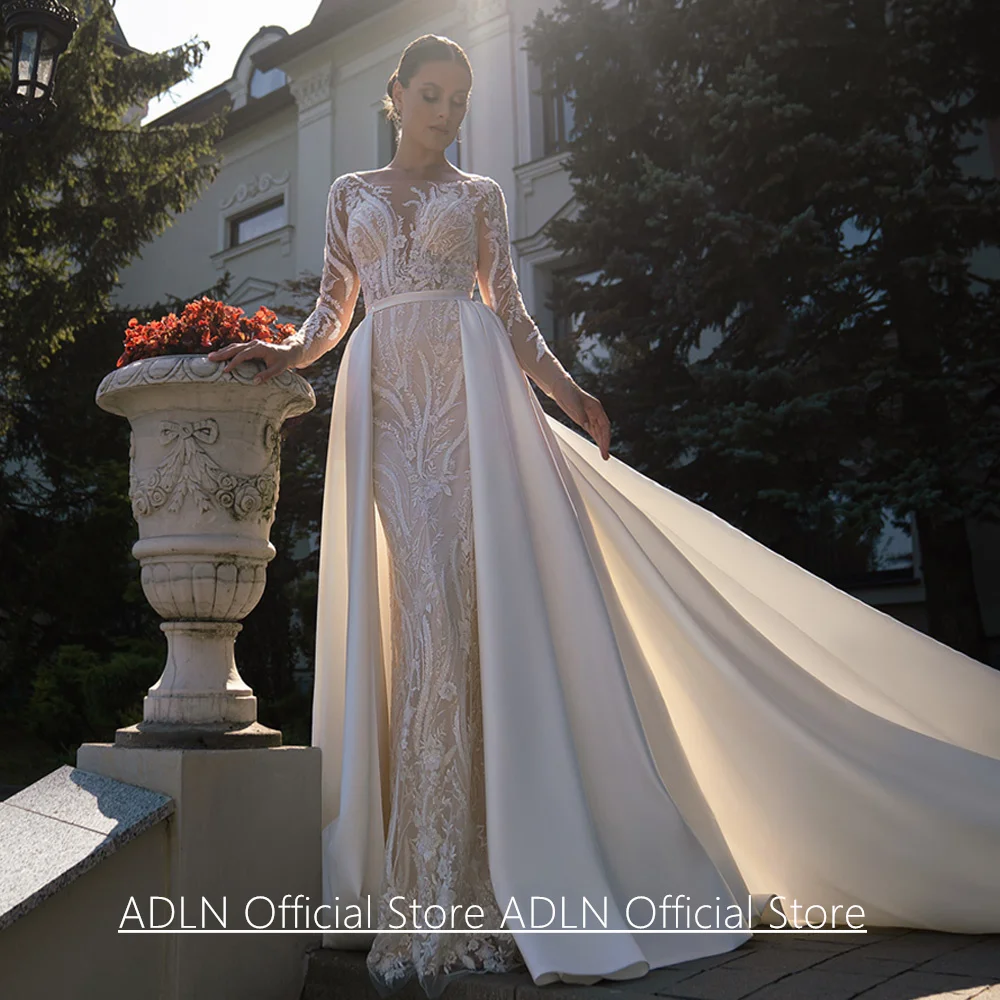 Unique Lace Mermaid Wedding Dress with Detachable Satin Skirt Customized Scoop Neck Long Sleeves Applique Bridal Gown